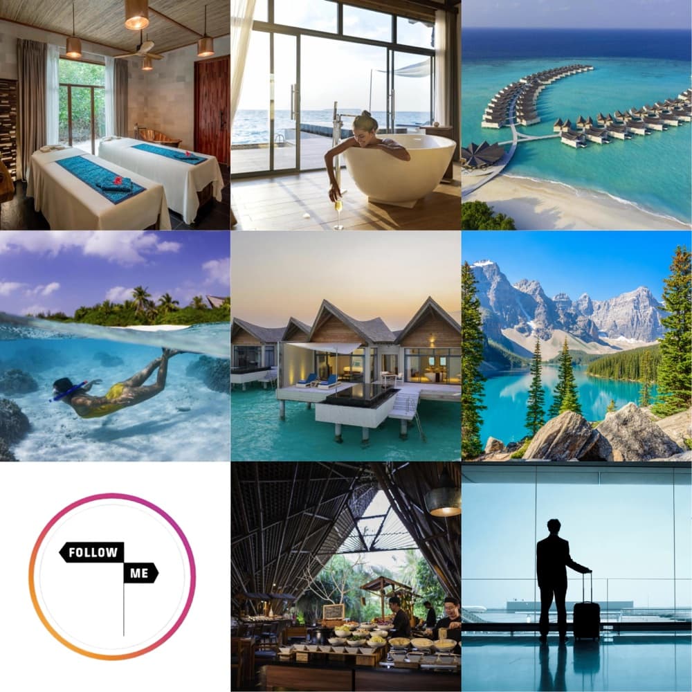 A grid of @followmeviagens Instagram posts featuring luxury resorts and destinations